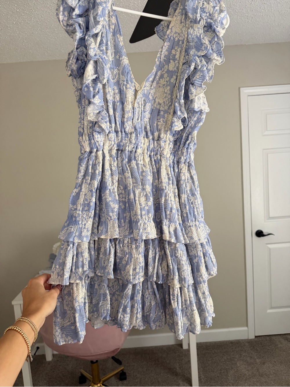 Olivaceous Pale Blue and Cream Floral Ruffled Mini Dress